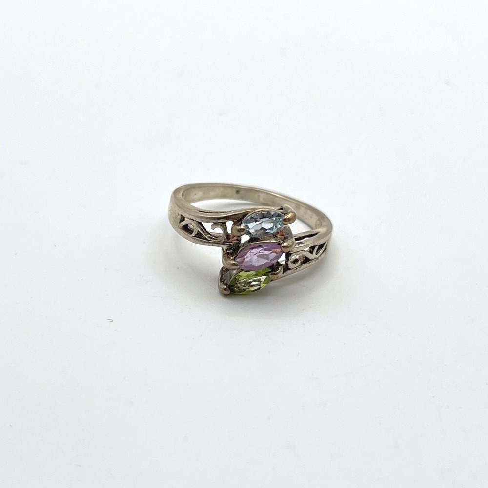 Sterling‎ Silver 925 Multi Gemstone Marquise Filigree Bypass Ring Size 7.75